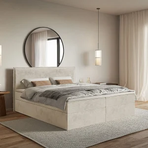 Boxspringbed 180×200 cm met topper en opbergruimte – waterafstotend velours – beige – SOFTIE