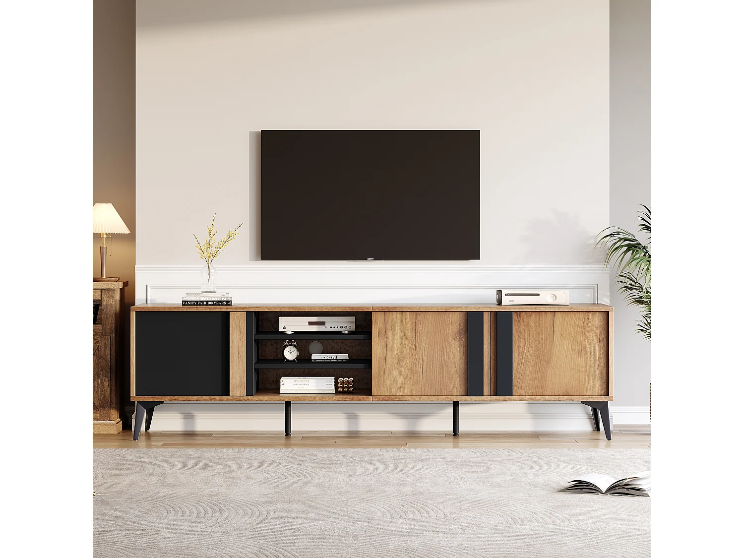 Bruine tv-kast met 3 deuren en open opbergruimte, 180x40x50 cm
