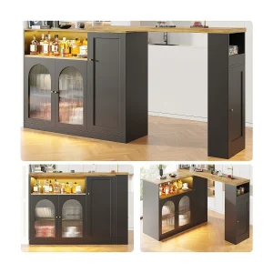 Changhong 360° draaibare hoge tafel, modern design, matzwart met glazen deur en ledverlichting, opbergkast (197×39,6×100 cm)