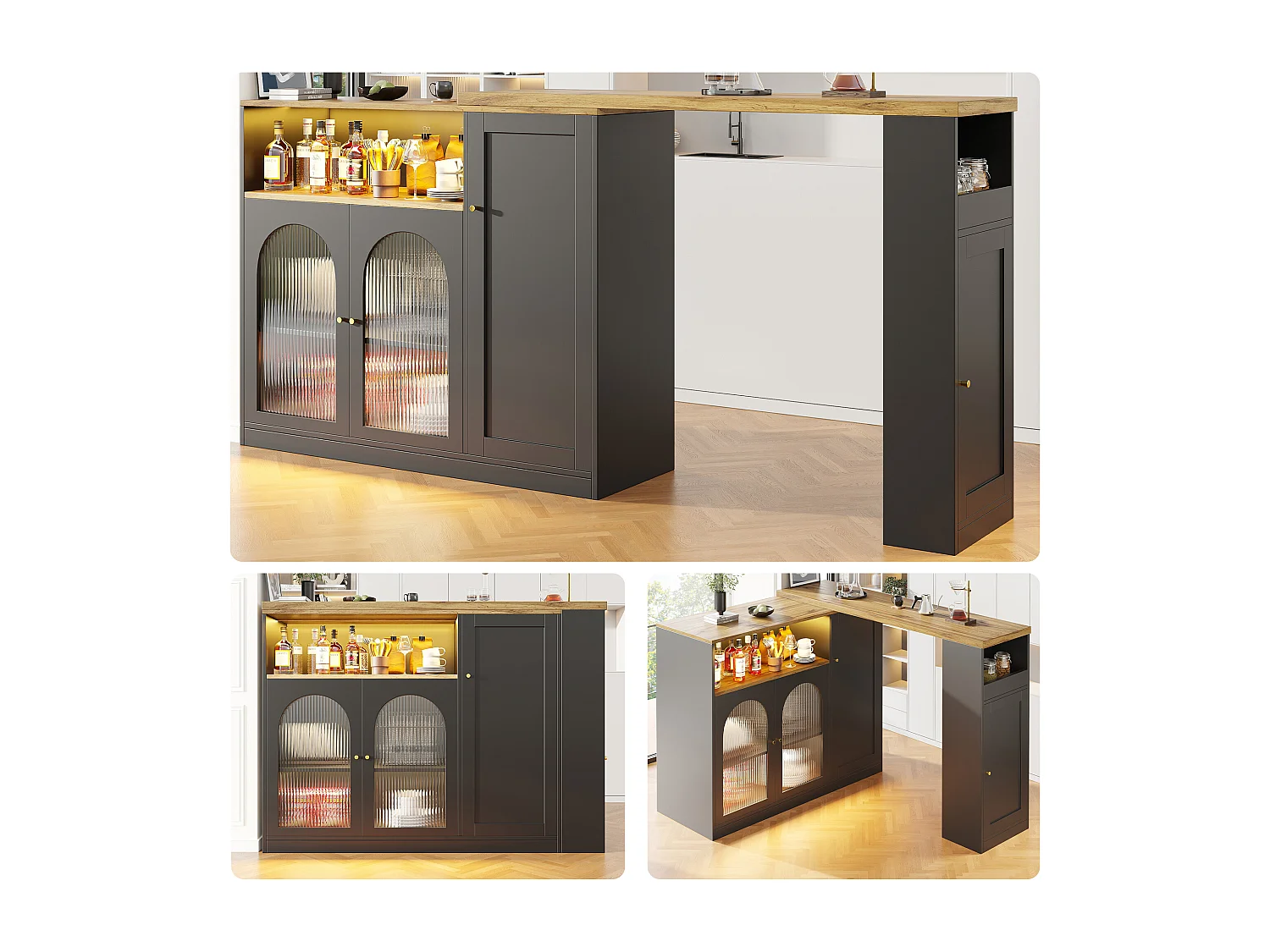 Changhong 360° draaibare hoge tafel, modern design, matzwart met glazen deur en ledverlichting, opbergkast (197x39,6x100 cm)