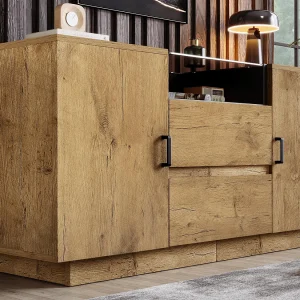 Buffet in eikenlook 140×40×70 cm – met 2 deuren en 2 laden – open vakken – naturel Buffet in eikenlook 140×40×70 cm – met 2 deuren en 2 laden – open vakken – naturel
