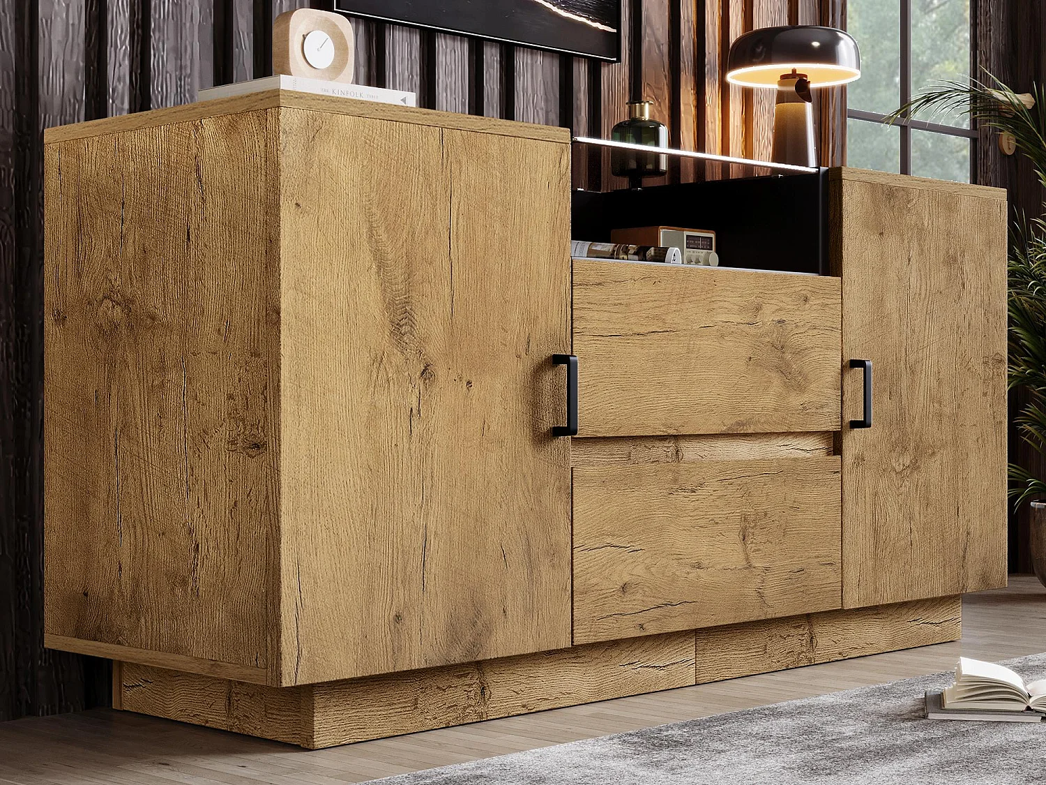 Buffet in eikenlook 140×40×70 cm - met 2 deuren en 2 laden - open vakken - naturel