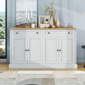 Buffet blanc en naturel, 2 tiroirs en 4 portes, nombreux assortimenten, fusion du moderne en du vintage