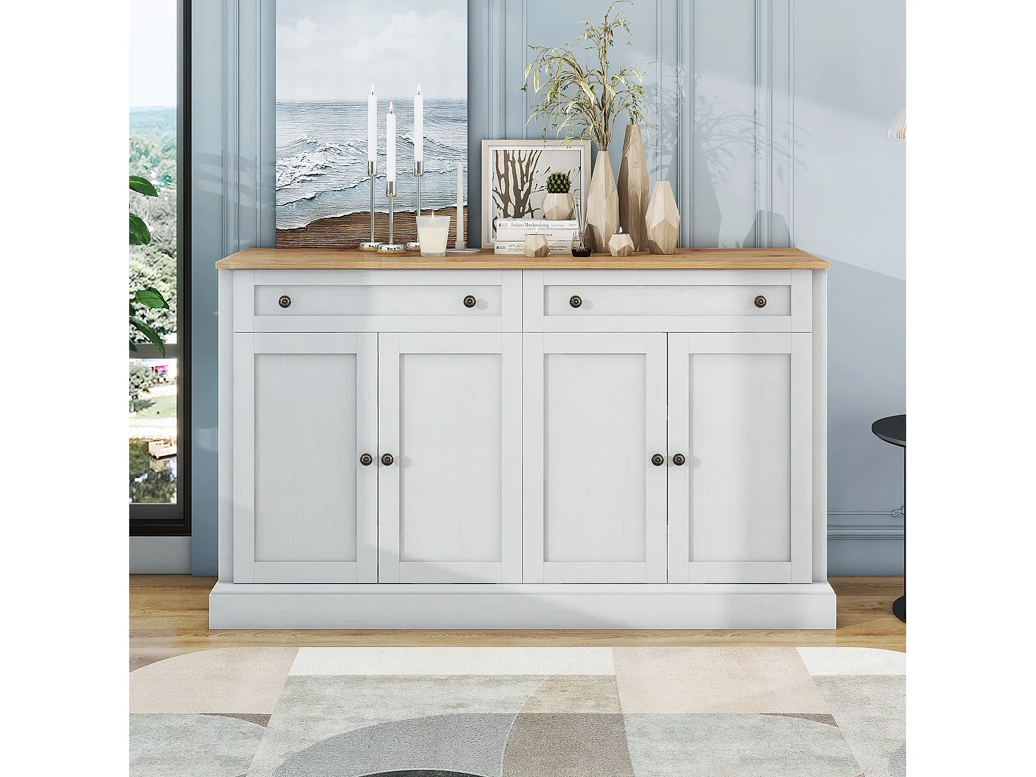 Buffet blanc en naturel, 2 tiroirs en 4 portes, nombreux assortimenten, fusion du moderne en du vintage