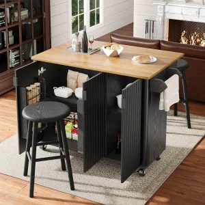 Centraal eiland op wielen – 130 x 45/75 x 92 cm – uitschuifbare trolley + 3 deuren – MDF – zwart Centraal eiland op wielen – 130 x 45/75 x 92 cm – uitschuifbare trolley + 3 deuren – MDF – zwart