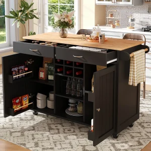 Centraal eiland op wielen – 102 x 45 x 92 cm – met 2 laden + 2 deuren – metaal + MDF – zwart Centraal eiland op wielen – 102 x 45 x 92 cm – met 2 laden + 2 deuren – metaal + MDF – zwart