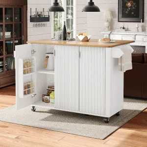 Centraal eiland op wielen – 130 x 45/75 x 92 cm – uitschuifbare trolley + 3 deuren – MDF – wit Centraal eiland op wielen – 130 x 45/75 x 92 cm – uitschuifbare trolley + 3 deuren – MDF – wit