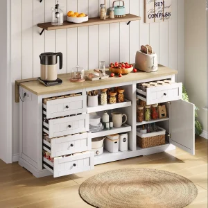 Centraal eiland met uitschuifbaar paneel – 150 x 65 x 75 cm – met 5 laden + 1 deur – MDF – wit Centraal eiland met uitschuifbaar paneel – 150 x 65 x 75 cm – met 5 laden + 1 deur – MDF – wit