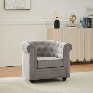 Grijze stoffen fauteuil in de legendarische CHESTERFIELD-vorm