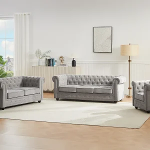 Driezits, tweezits en fauteuil in grijze stof CHESTERFIELD