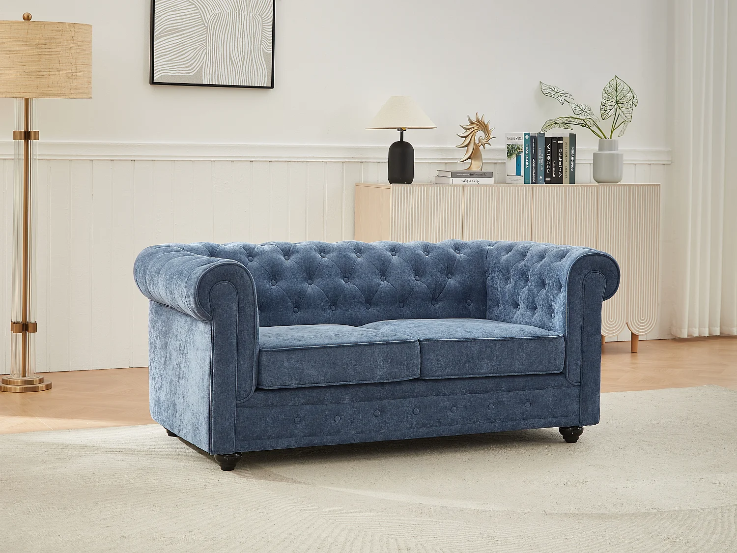 Tweezitsbank in blauwe stof CHESTERFIELD