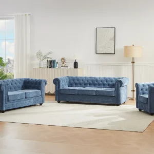 3-zits, 2-zits en fauteuil in blauwe stof CHESTERFIELD 3-zits, 2-zits en fauteuil in blauwe stof CHESTERFIELD