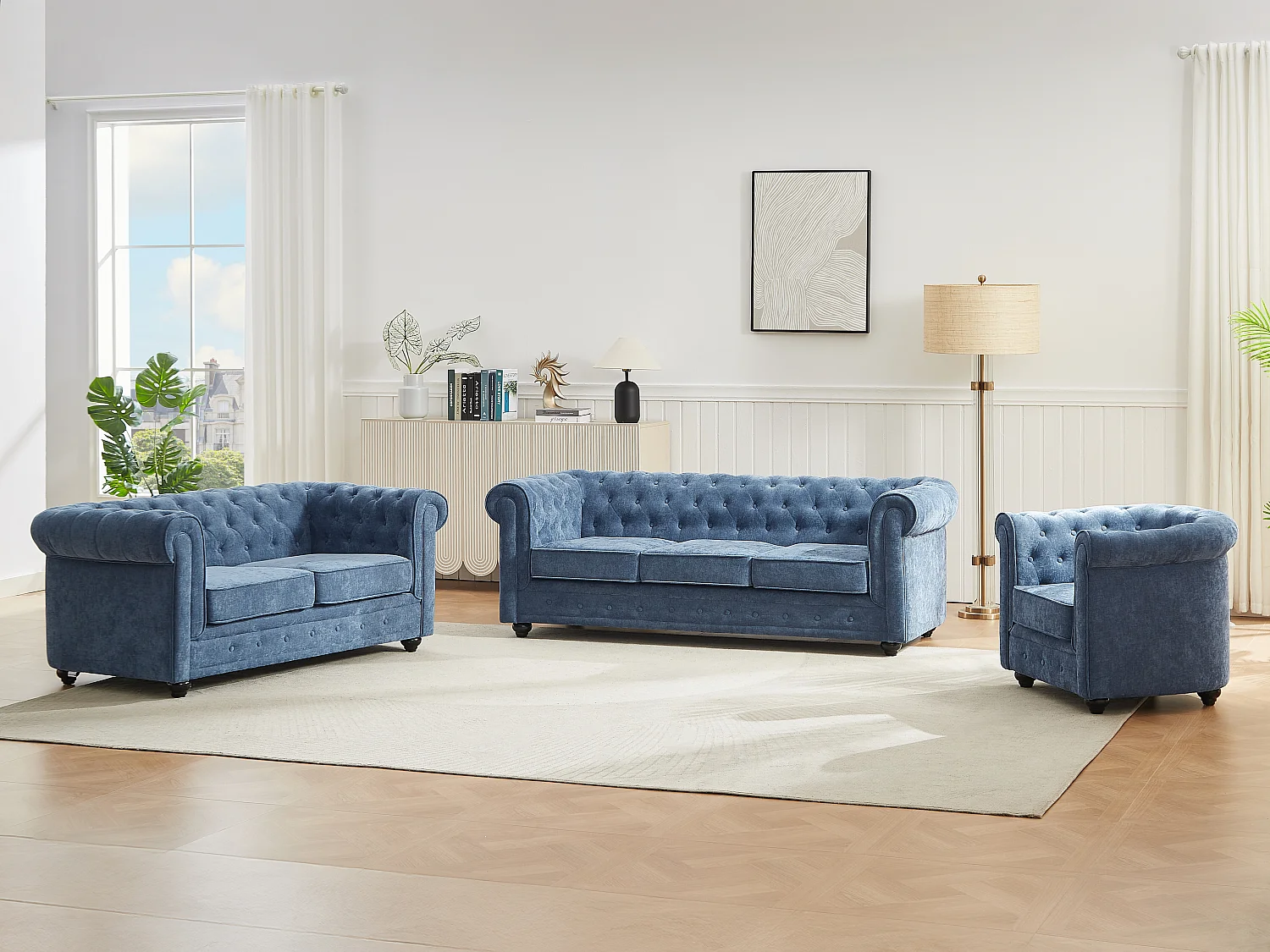 3-zits, 2-zits en fauteuil in blauwe stof CHESTERFIELD