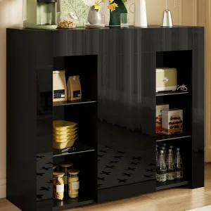 Buffet 95×35×83 cm – hogglans afwerking – 1 deur – met glazen planken – spaanplaat – zwart