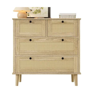 Buffet 80×40×80 cm – met 4 rotan laden – massief houten poten – spaanplaat – naturel