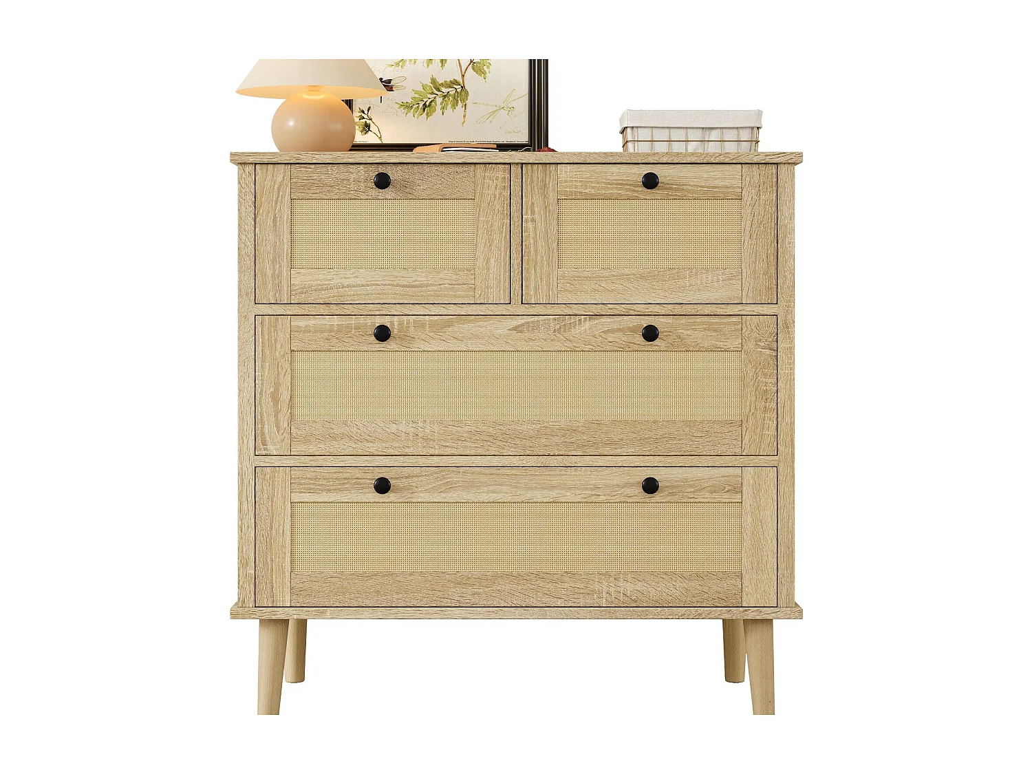 Buffet 80×40×80 cm - met 4 rotan laden - massief houten poten - spaanplaat - naturel
