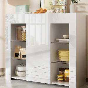 Buffet 95×35×83 cm – hogglans afwerking – 1 deur – met glazen planken – spaanplaat – wit