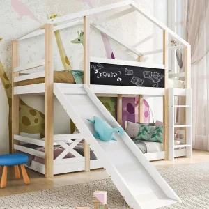 Cabine stapelbed – 2 x 90 x 200 cm – grenen en MDF – glijbaan, ladder en lattenbodem – kleuren: naturel en wit Cabine stapelbed – 2 x 90 x 200 cm – grenen en MDF – glijbaan, ladder en lattenbodem – kleuren: naturel en wit