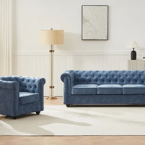 3-zits bank en fauteuil in blauwe stof CHESTERFIELD 3-zits bank en fauteuil in blauwe stof CHESTERFIELD