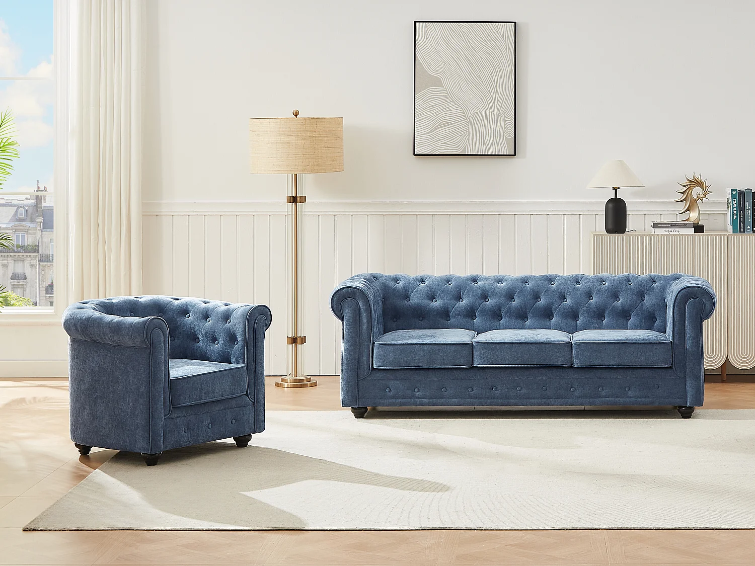 3-zits bank en fauteuil in blauwe stof CHESTERFIELD