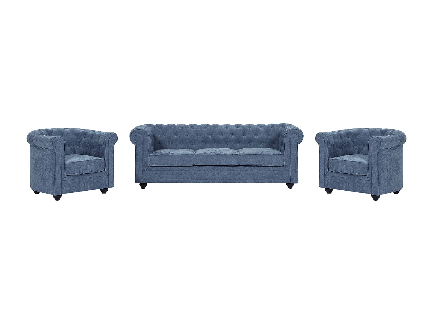 Driezitsbank 3-zitsbank en 2 fauteuils in blauwe stof CHESTERFIELD