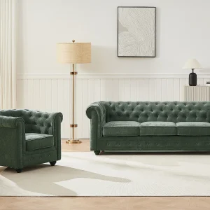 3-zits bank en fauteuil in groene stof CHESTERFIELD 3-zits bank en fauteuil in groene stof CHESTERFIELD