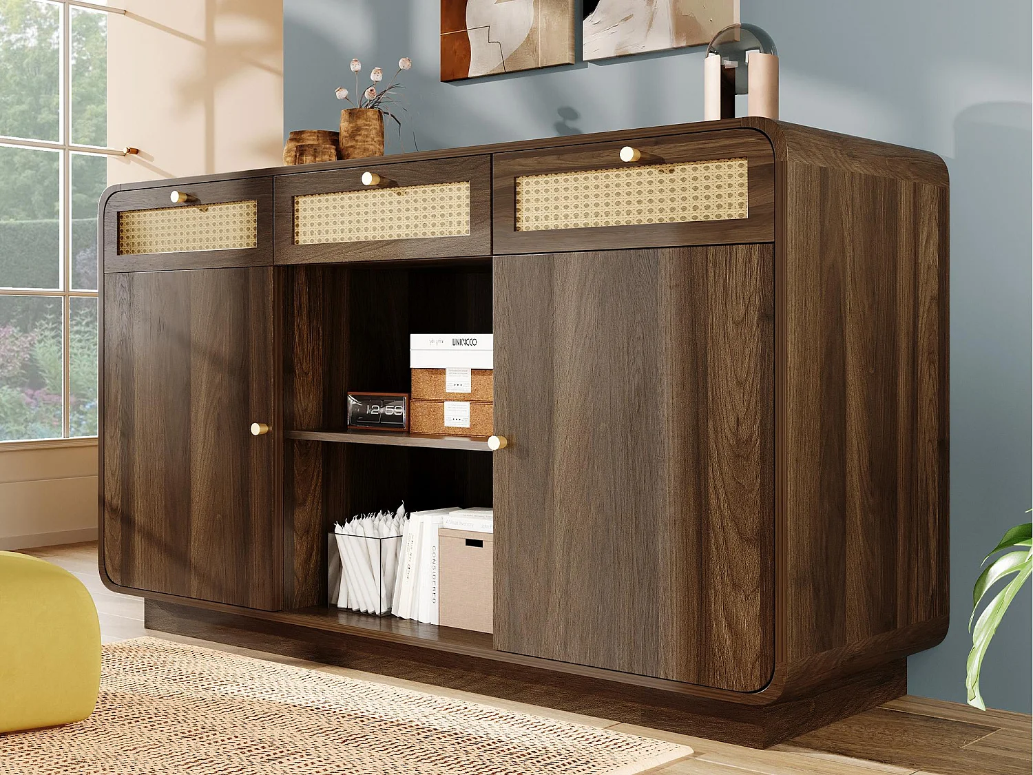 Buffet notenhoutlook 120x40x85cm - met 2 deuren en 3 rotan lades - open vakken - Notenhout