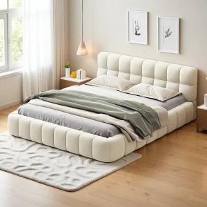 Bubbelbed 140 x 200 cm met lattenbodem en rugleuning, gestoffeerd tweepersoonsbed, linnen, beige Bubbelbed 140 x 200 cm met lattenbodem en rugleuning, gestoffeerd tweepersoonsbed, linnen, beige