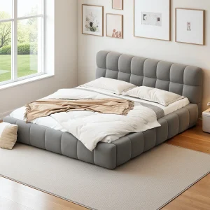 Bubbelbed 160 x 200 cm met lattenbodem en rugleuning, gestoffeerd tweepersoonsbed, linnen, grijs Bubbelbed 160 x 200 cm met lattenbodem en rugleuning, gestoffeerd tweepersoonsbed, linnen, grijs