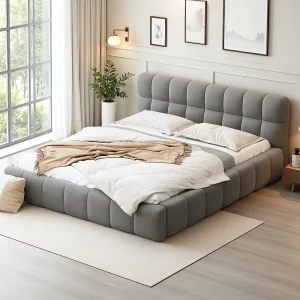 Bubbelbed 140 x 200 cm met lattenbodem en rugleuning, gestoffeerd tweepersoonsbed, linnen, grijs Bubbelbed 140 x 200 cm met lattenbodem en rugleuning, gestoffeerd tweepersoonsbed, linnen, grijs