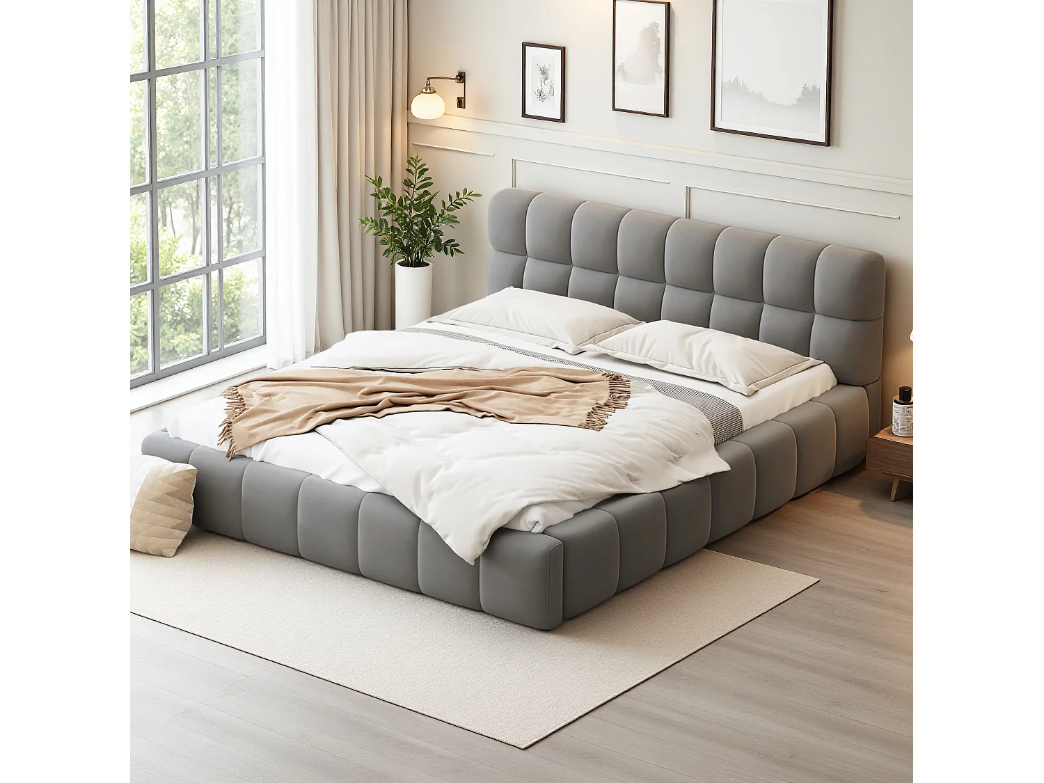 Bubbelbed 140 x 200 cm met lattenbodem en rugleuning, gestoffeerd tweepersoonsbed, linnen, grijs