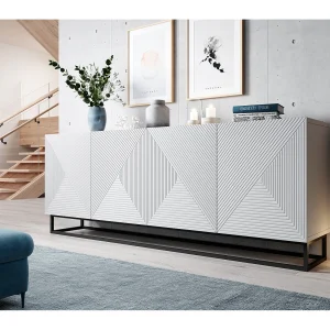 Buffet 4 deuren in hout lamellé blanco met metaal pied 200×43 cm