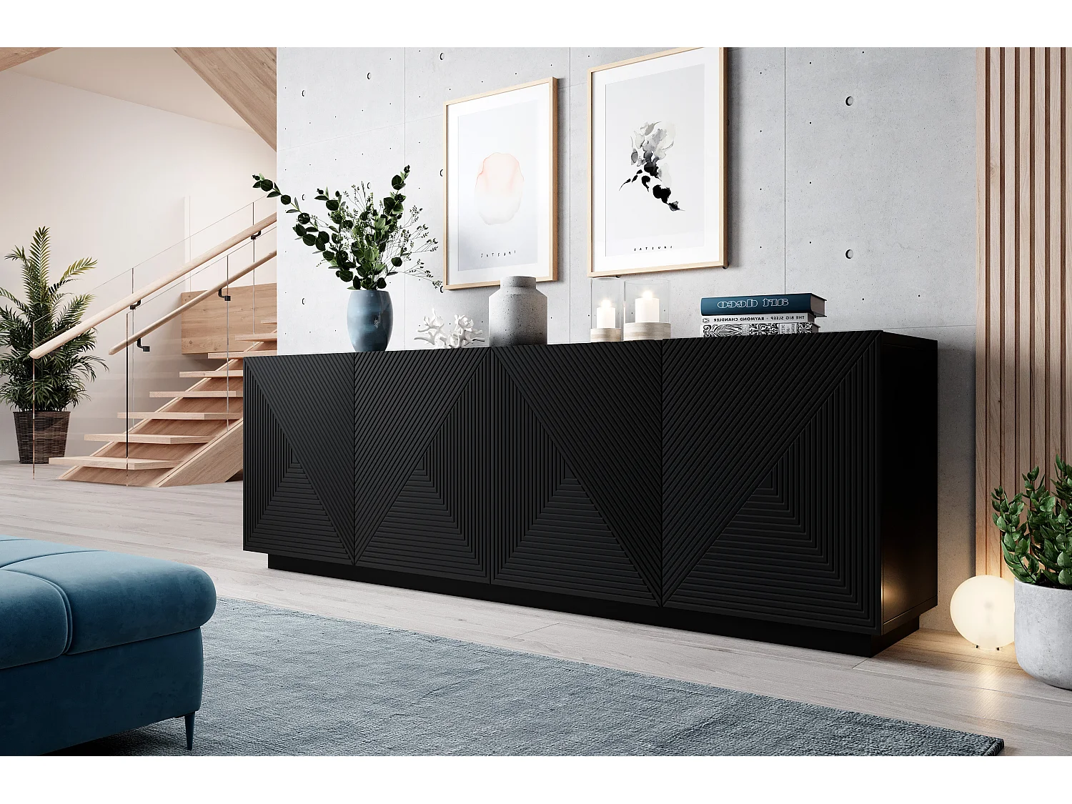 Buffet 4 deuren en bois lamellé noir 200x43 cm