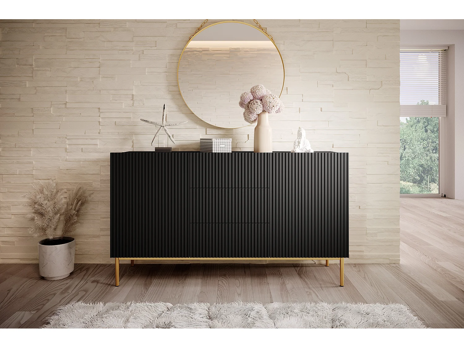 Buffet 2 deuren 3 lades centraal zwart met goudkleurig metaal bont 150x45 cm
