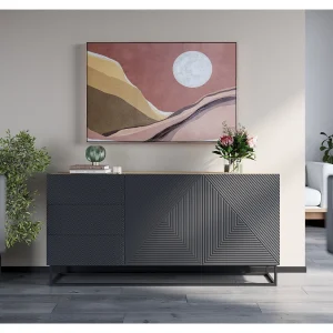 Buffet 2 deuren 3 laden in hout lamellen met metaal pied 167x43cm