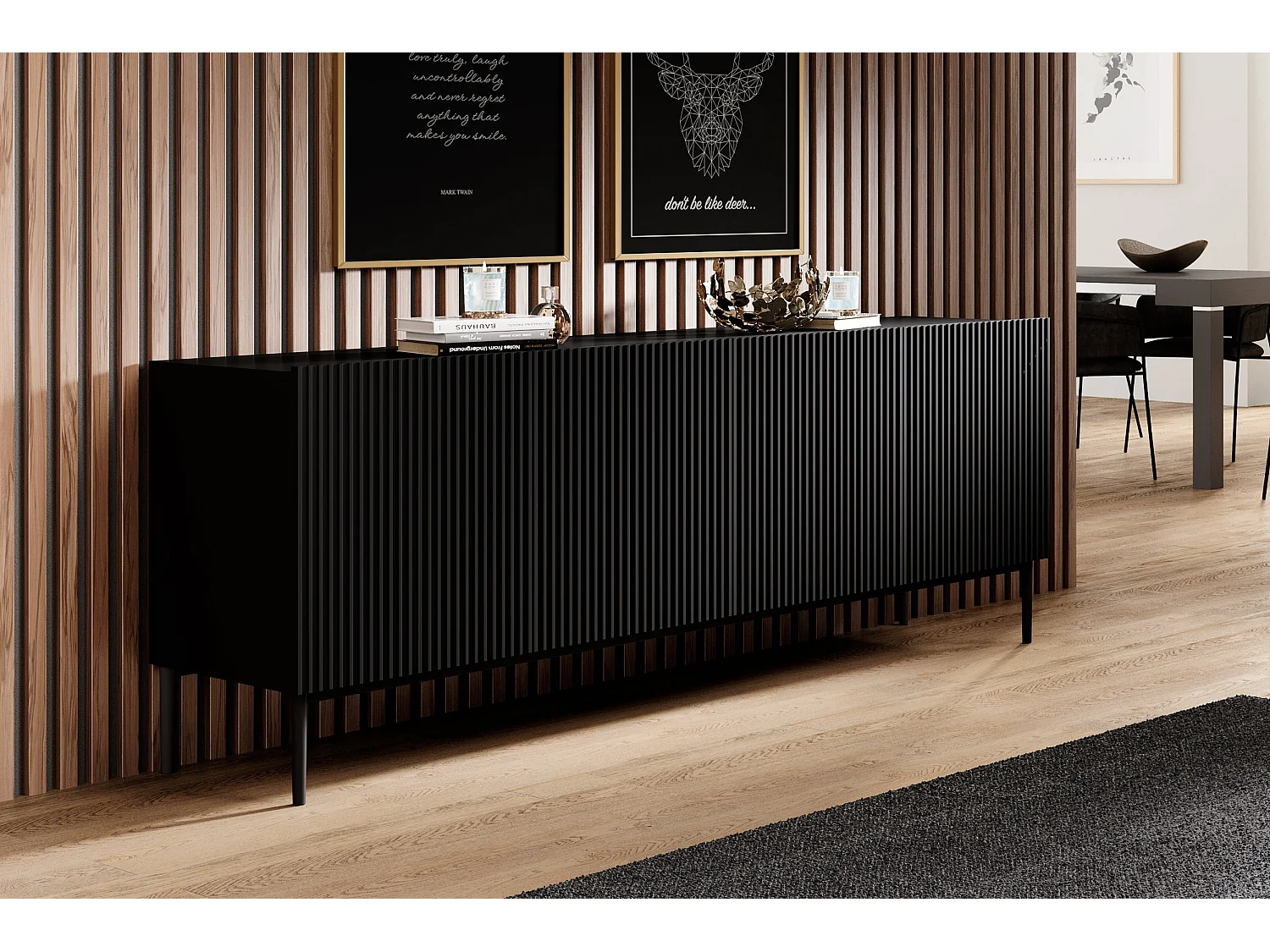 Buffet noir 4 deuren met zwart metalen voet 200x45 cm