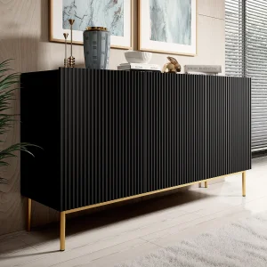 Buffet 3 zwarte deuren met gouden metalen voet 150×45 cm Buffet 3 zwarte deuren met gouden metalen voet 150×45 cm