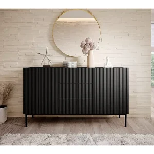 Buffet 2 deuren 3 planken centraal zwart met bont metaal zwart 150×45 cm