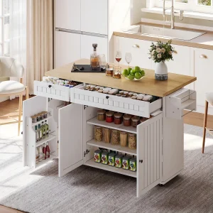 Centraal eiland met opklapbaar werkblad – 137 x 45/70 x 89,5 cm – met 2 laden + 3 deuren – MDF – wit Centraal eiland met opklapbaar werkblad – 137 x 45/70 x 89,5 cm – met 2 laden + 3 deuren – MDF – wit