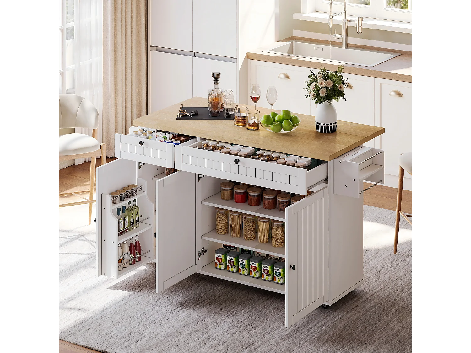 Centraal eiland met opklapbaar werkblad - 137 x 45/70 x 89,5 cm - met 2 laden + 3 deuren - MDF - wit