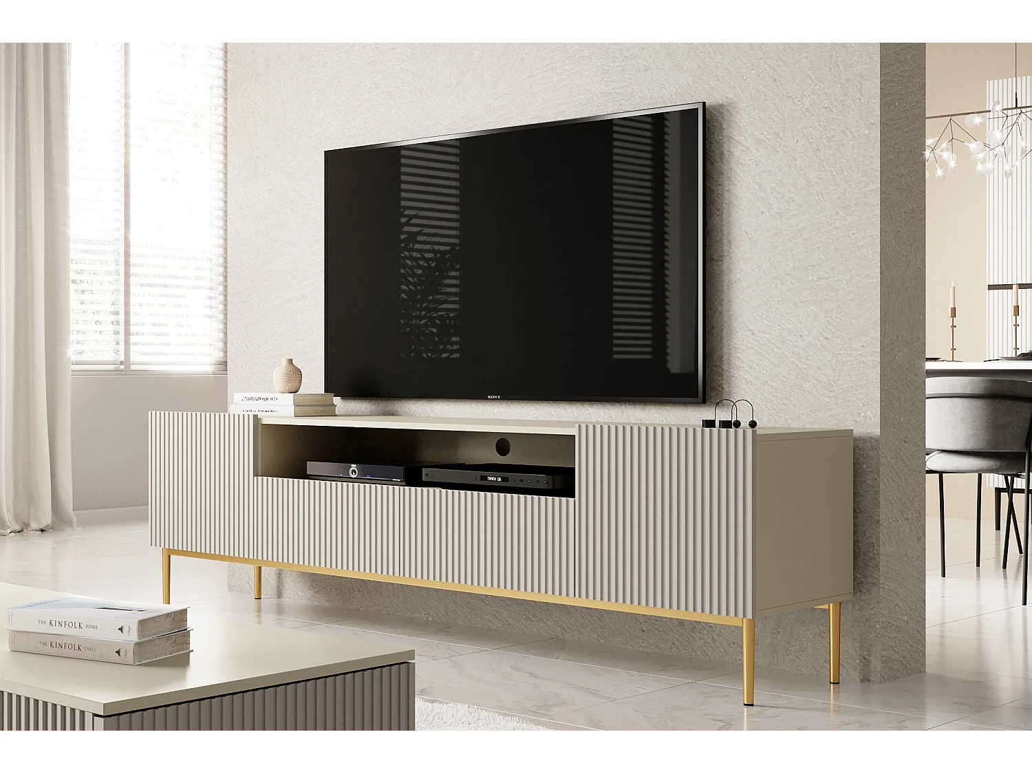 Cashmere TV-meubel met 2 deuren en 2 lades met gouden metalen voet 200x45 cm