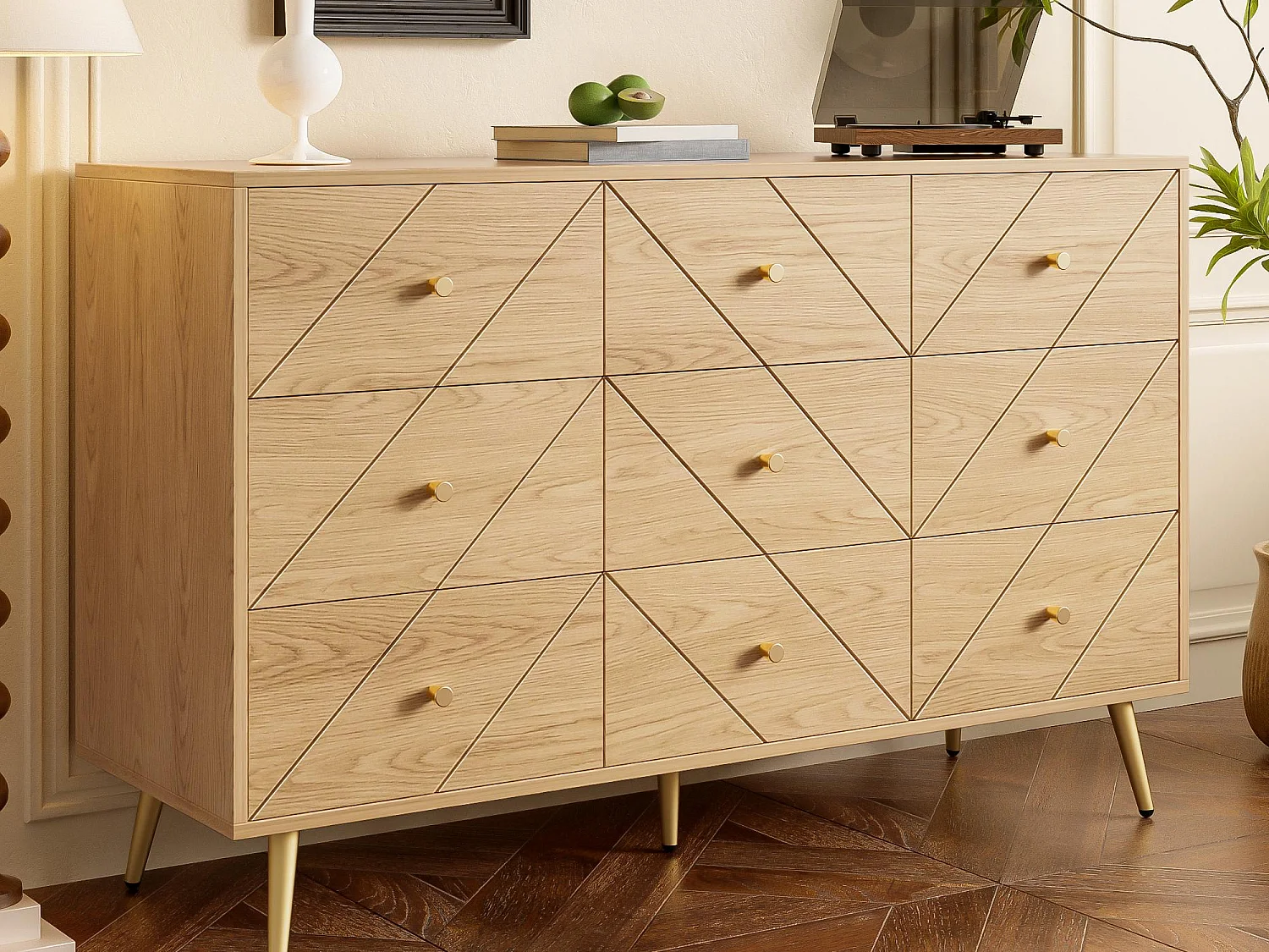 Buffet 120x39x80cm - met 9 lades - met metalen poten - spaanplaat - Natuur