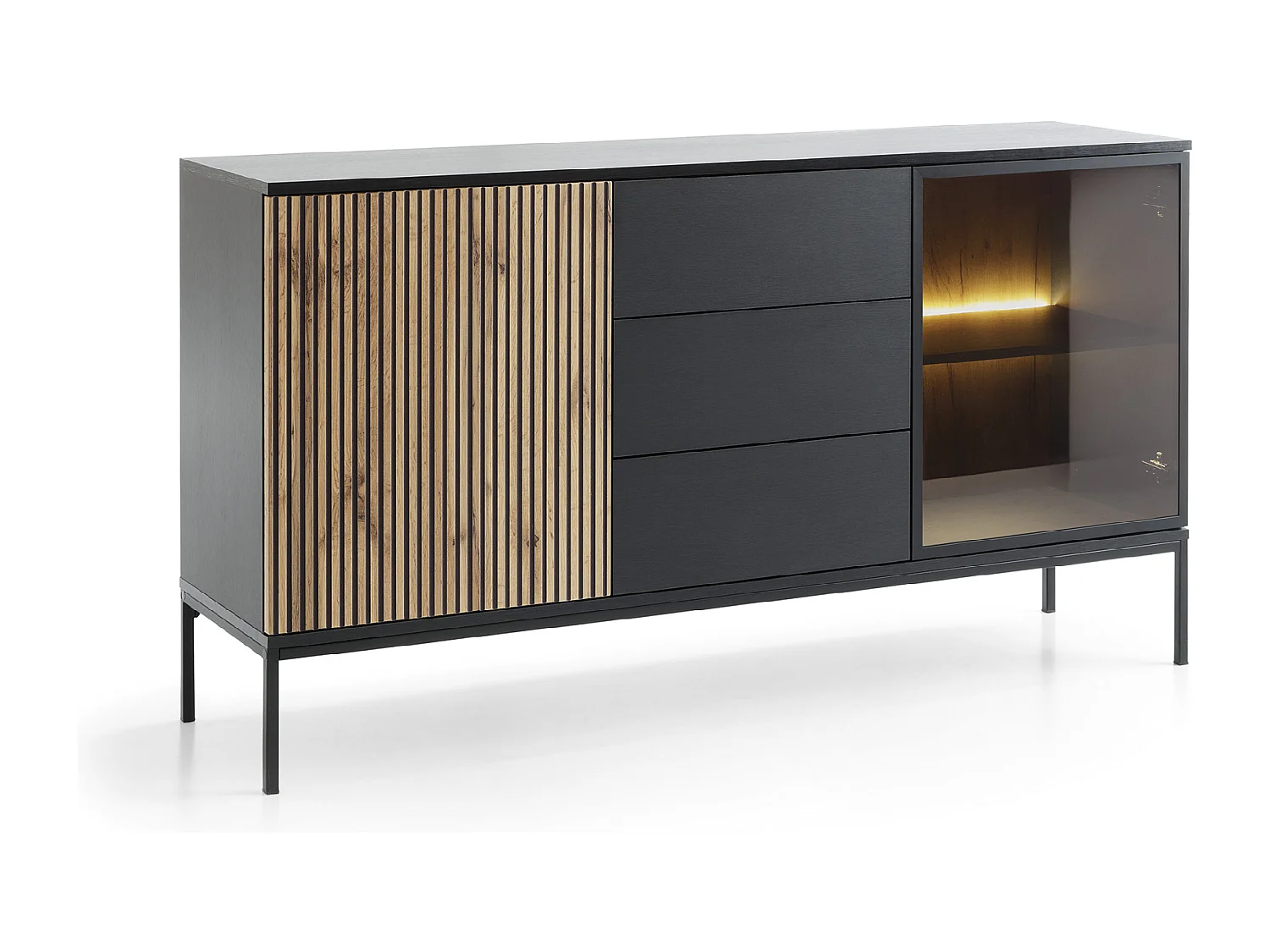Buffet 2 deuren, 3 laden met geïntegreerde LED, zwart-wit, 154x83 cm
