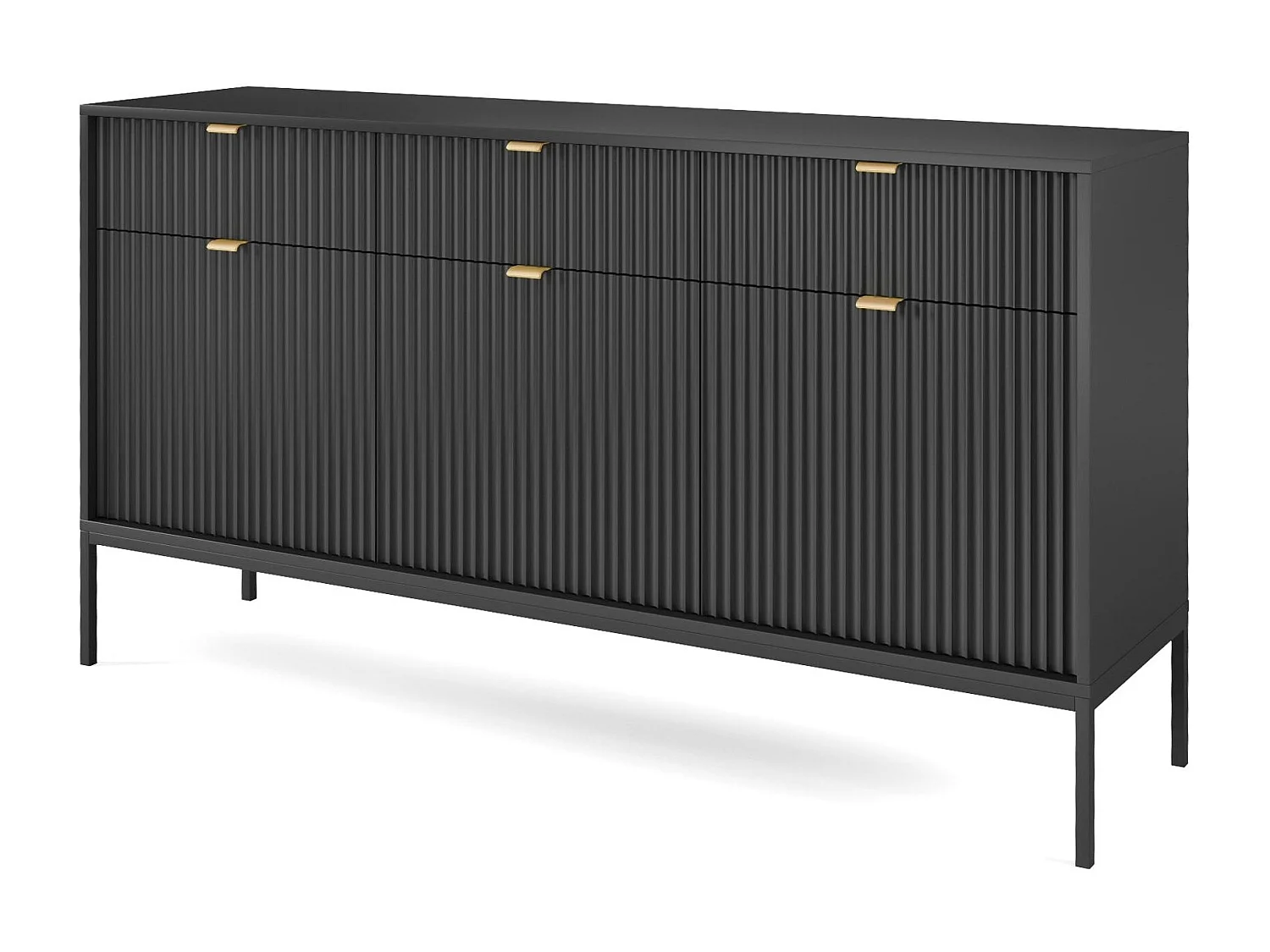 Buffetkast 3 deuren, 3 laden met zwarte metalen bladen, 154x83 cm