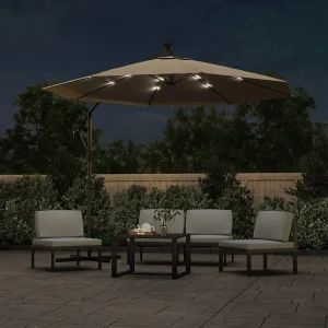Carrickboy Zweefparasol met LED-verlichting stalen paal 300 cm taupe Carrickboy Zweefparasol met LED-verlichting stalen paal 300 cm taupe