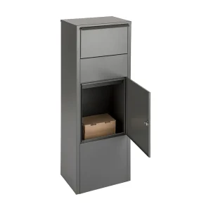 Brievenbus voor pakketten – Grijze kolom – Grote opening – Grondbevestiging – Sleutelslot Brievenbus voor pakketten – Grijze kolom – Grote opening – Grondbevestiging – Sleutelslot