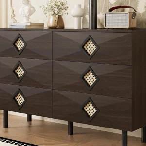 Buffet 120x40x74cm – met 6 lades – rotan decoratie – Metalen poten – MDF + Spaanplaat – Bruin Buffet 120x40x74cm – met 6 lades – rotan decoratie – Metalen poten – MDF + Spaanplaat – Bruin