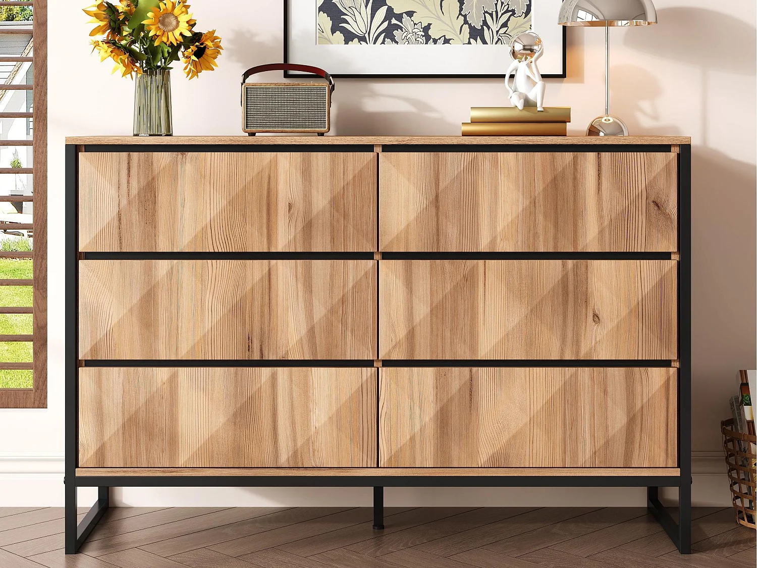 Buffet 120x40x80 cm - met 6 lades - Metalen poten - MDF + Spaanplaat - Natuur + Zwart