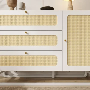 Buffet 120x40x85cm – met 3 rotan lades en 1 rotan deur – landelijke stijl – gouden handgreep – Wit + Natuur Buffet 120x40x85cm – met 3 rotan lades en 1 rotan deur – landelijke stijl – gouden handgreep – Wit + Natuur