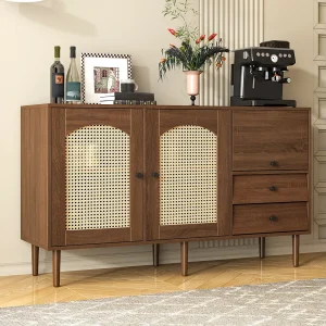 Bruin dressoir met 2 rotan deuren, 1 deur en 2 laden 130x40x75,5 Bruin dressoir met 2 rotan deuren, 1 deur en 2 laden 130x40x75,5